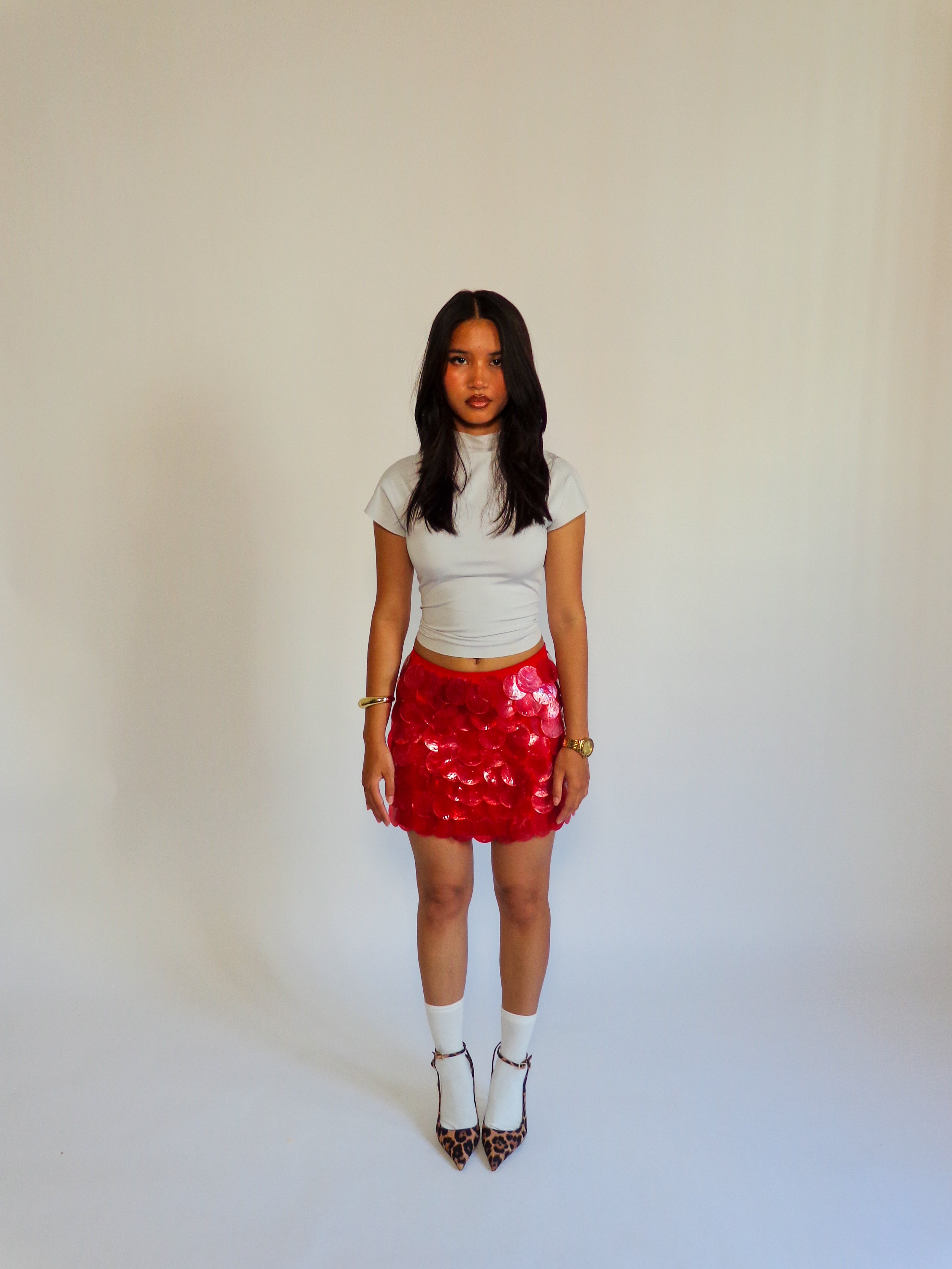Shell Sequin Skirt in Red