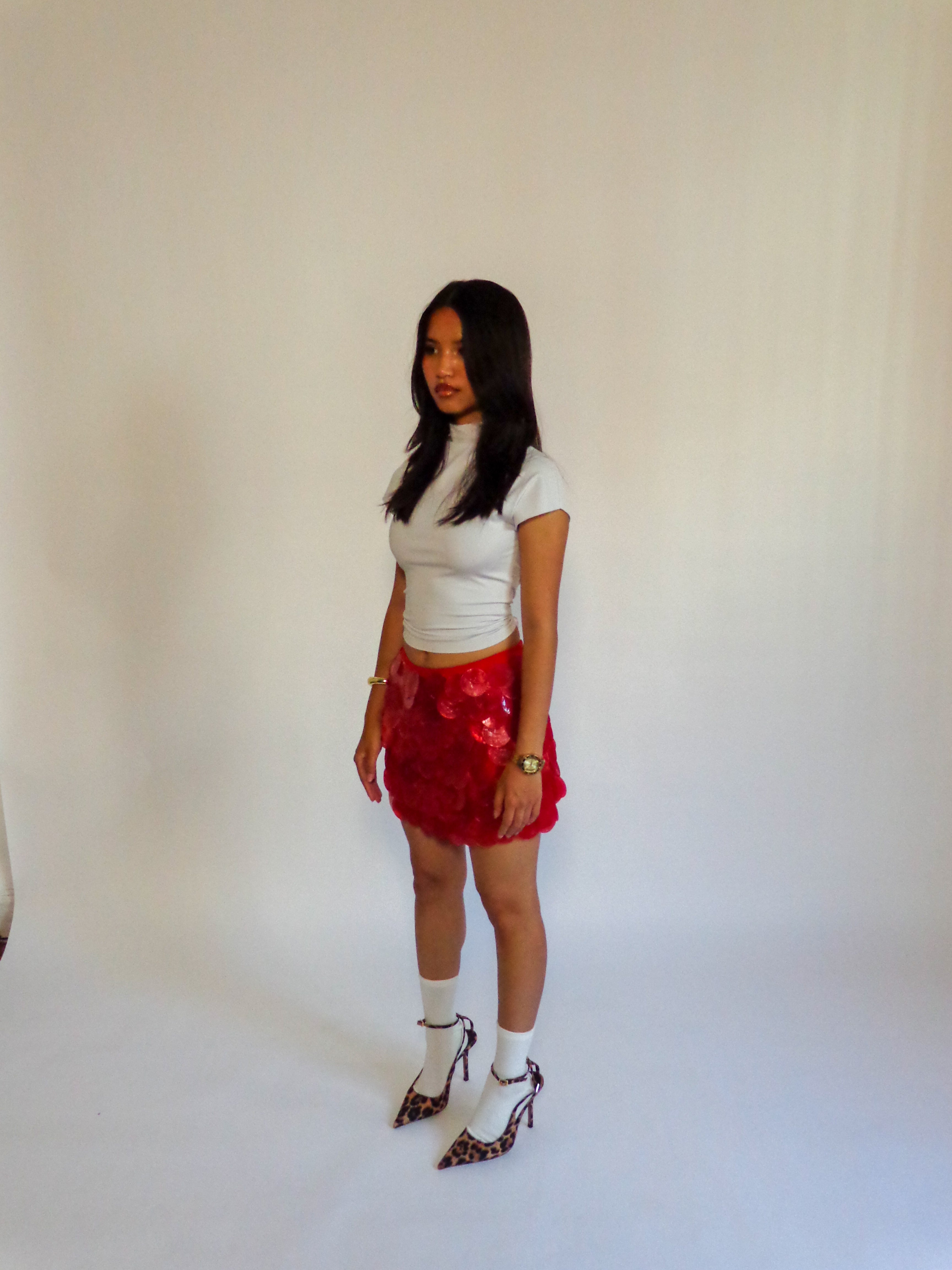 Shell Sequin Skirt in Red